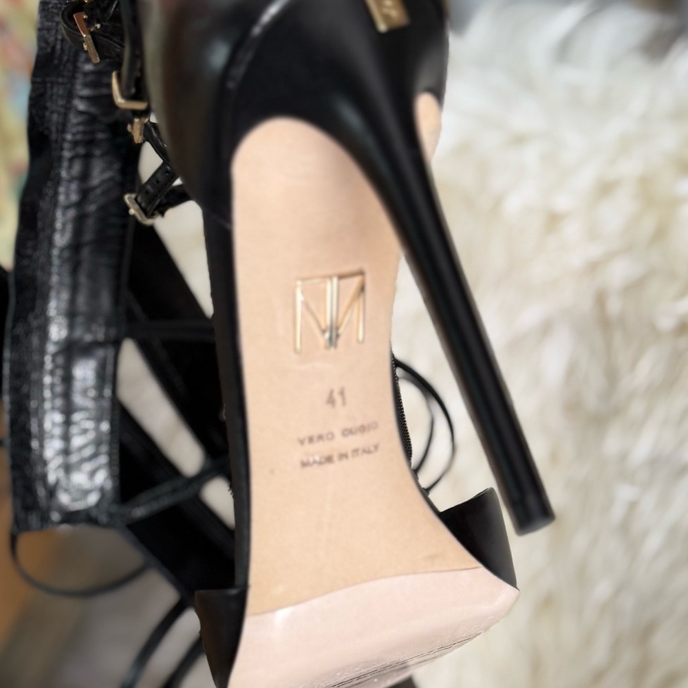 ❤️ Black Strappy Gladiator leather Heels classy pointy toe stilettos boot - Picture 5 of 13
